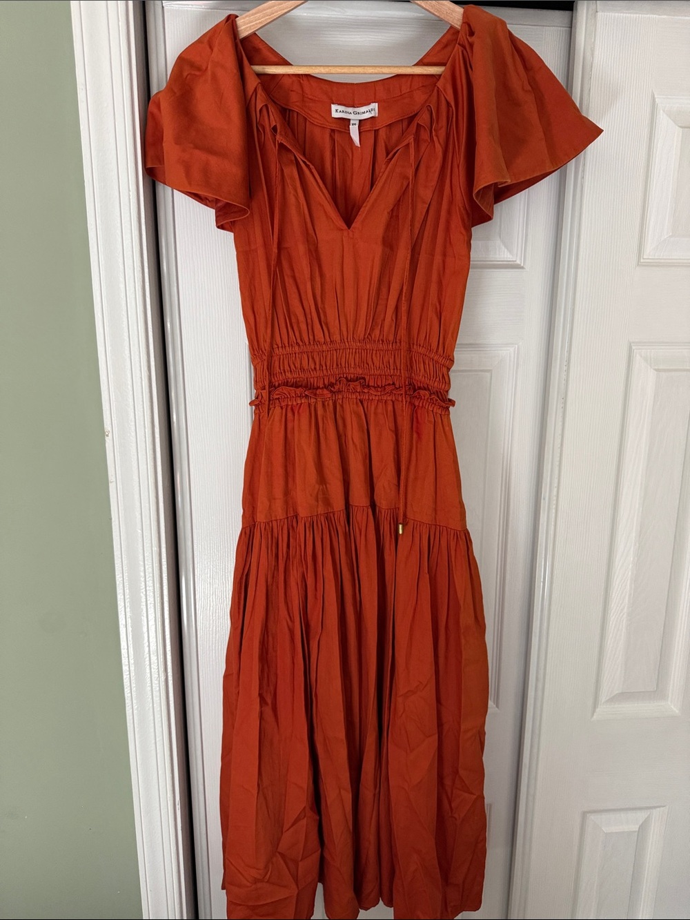 Karina Grimaldi Rust Orange Flutter-Sleeve Tiered Midi Dress